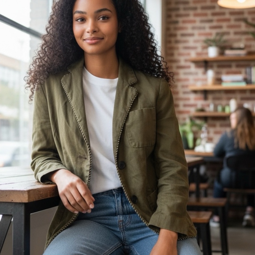 ❤️ Anthropologie x Cartonnier Olive Green Linen Blend Boy Blazer